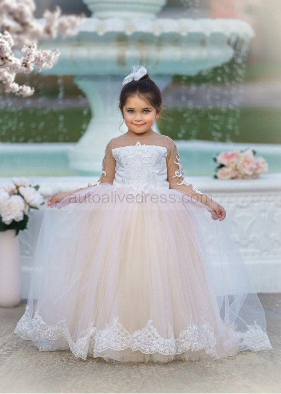 Long Sleeves Lace Tulle Pearl Buttons Back Dreamy Flower Girl Dress